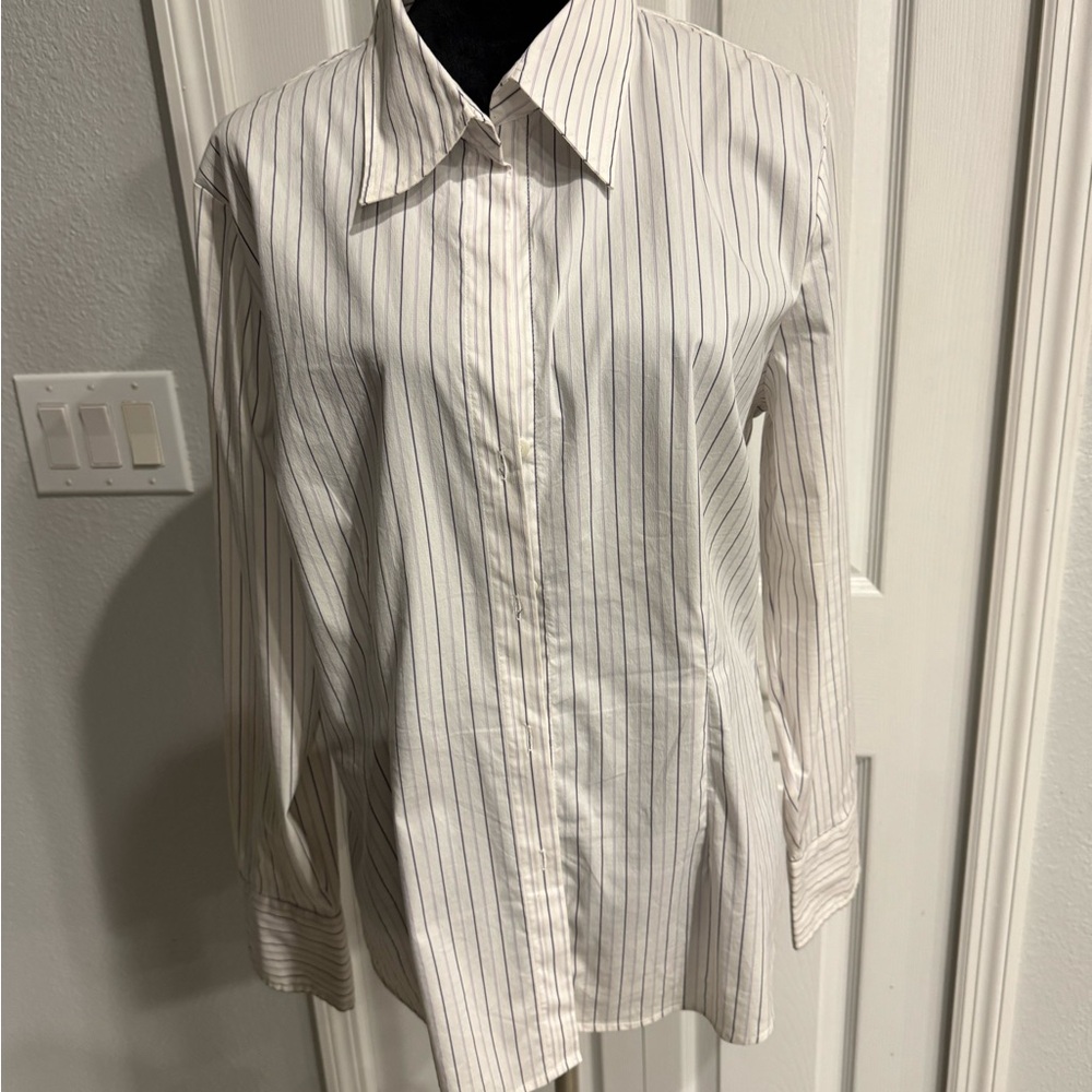 New York & Company White Striped Button Down Shirt